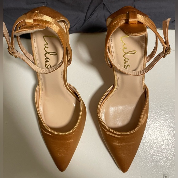 Lulus Shenay Gold Satin Pointed-Toe Ankle Strap Pumps - 8 - Picture 6 of 9